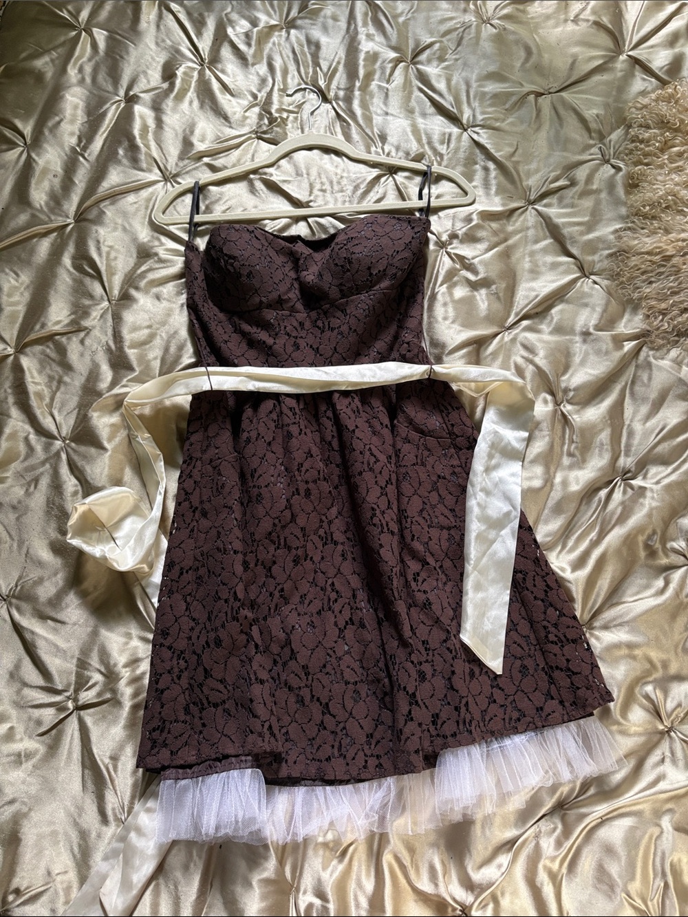 Alyn Paige Strapless Brown Lace Dress with Ivory Sash